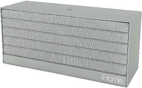 iHome IBN27SX Wireless Portable Bluetooth Stereo Speaker, Silver, Compatible with most Bluetooth-enabled devices, NFC Near Field Communications Technology, Aux-In Jack, Aux-Out Jack, Rubberized Finish, Built-In Rechargeable Battery, Micro USB to USB charging/audio cable, 3.5mm stereo audio cable, Dimensions (WxHxD) 6.2