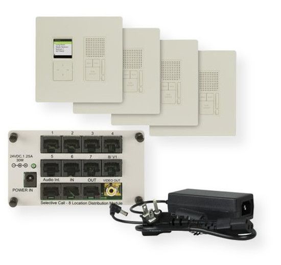 Legrand/OnQ IC7400-WH Radiant Selective Call 4-Room Intercom Kit; White; Everything you need for 4 rooms of Intercom: (4) Selective Call Room Units, (4) 2-gang radiant screwless wall plates, (1) 8-location distribution module and (1) 30 watt power supply; UPC 804428432234 (IC7400WH IC 7400WH IC7400-WH IC7400WH-KIT LEGRAND-IC7400WH ONQ-IC7400WH)
