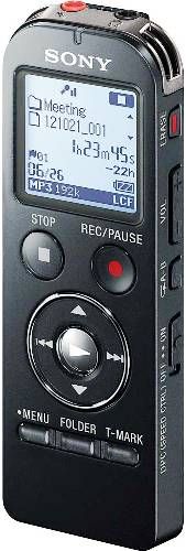 Sony ICD-UX533BLK Digital Voice Recorder with 4GB Memory, Black; Up to 1073 Hours ofrecording time; Stereo S-Microphone; microSD/microSDHC Slot; Automatic/Manual record level settings; White LED backlight, Calendar Search; Sync Record Mode; MP3 Playback with graphic EQ4; USB Direct-PC & Mac compatibility with charging; Supplied AAA (x1); UPC 027242859975 (ICDUX533BLK ICD UX533BLK ICD-UX533-BLK ICD-UX533)