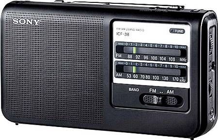 Sony ICF-38 Portable AM/FM Radio, 400mW (at 10% harmonic distortion) Output Power, AM/FM Tuner, High Power/Good Sound Output, LED Tuning Indicator, Tone Control Switch, Built-In Carrying Handle, 3 5/8