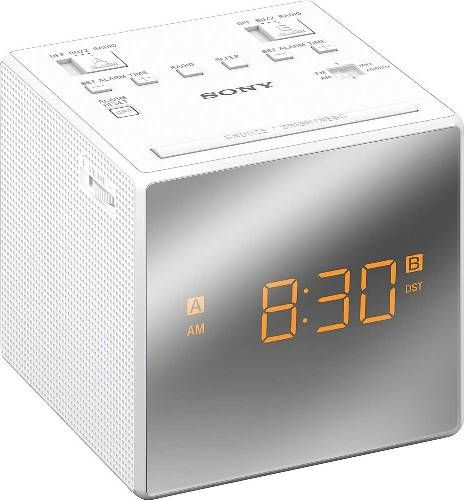 Sony ICF-C1TWH Dual Alarm Clock with FM/AM Radio, White; 115mW power output; Large, easy to read LCD display; No Power, No Problem; Gradual wake alarm; Adjustable brightness control; Programmable sleep timer; Tune in with an FM/AM analog radio tuner; Gradual wake alarm and extendible snooze; Automatic Daylight Savings Time; UPC 027242874893 (ICFC1TWH ICF C1TWH ICF-C1T-WH ICF-C1T)
