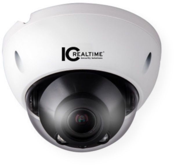 IC Realtime ICIP-D2732Z Dome IP Camera 2MP Indoor and Outdoor Mid Size Vandal Dome; Varifocal 2.8 to 12mm motorized lens (98 to 30 degrees); 90 feet Smart IR; Maximum IR LEDs Length 90 feet; IP66 weather rating; POE capable; IK10; 30 fps at 1080P (1920 x 1080); Product Dimensions 4.80