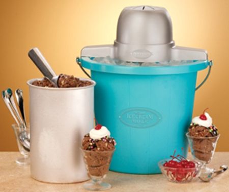 Nostalgia Electrics ICMP400BLU Old Fashioned Ice Cream Maker, Simply fill the plastic bucket with ice, place the aluminum canister filled with ingredients in the center of the bucket and the electric motor does the churning for you, 120V Voltage, Dimension L16 x 15 x 17, Weight 8 lbs., UPC 082677219008 (ICMP-400BLU ICMP 400BLU ICMP400-BLU ICMP400 BLU)