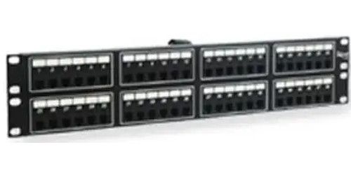 ICC ICMPP048T2 PatchPanel, 48 Port, Telco, Integrated with 2 male telco connectors, Includes mounting screws, 2 RMS, 6 Position, 2 Conductor, Pre-numbered ports, Black Color (ICMPP-048T2 ICMPP 048T2)