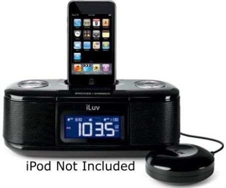 iLuv iMM153BLK Model iMM153 Vibe Dual Alarm Clock with Bed Shaker, Black, Fits with iPod touch (1st, 2nd, 3rd, and 4th generation), iPod classic, iPod nano (1st, 2nd, 3rd, 4th, 5th, and 6th generation), iPod with video, Wake up every morning to bed shaker and your favorite music, Built-in speakers allow you to hear your music with depth and clarity (IMM153-BLK IMM153 BLK IMM-153BLK I-MM153BLK)