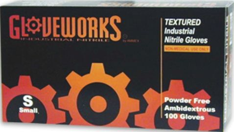 Gloveworks INPF42100 Nitrile Industrial Gloves, Box of 100, Small S, Blue, Powder Free, Textured, Latex Free, 3 times the Puncture Resistance of Latex or Vinyl, UPC 697383701213 (INPF42100 INPF-42100 INPF 42100)