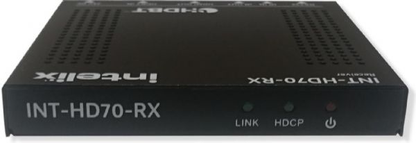 Intelix INT-HD70RX HDMI HDBaseT Extender; Extends HDMI, IR, and RS232; 1080p, including HDCP 2.2 and multichannel audio, up to 70m; 3D and 4K x 2K (UHD) signals up to 40m; Built-in surge protection and diagnostic LEDs; Powered at either the TX or RX end, and only one power supply is required; The power supply is included; Compatible with all Intelix HDBaseT product offerings (INTHD70RX INT-HD70RX INTHD70-RX INT-HD70-RX BTX)