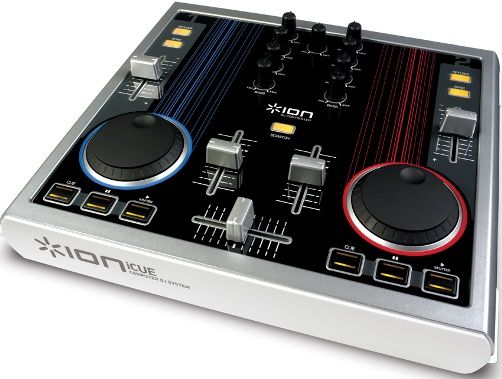 ION Audio iCUE Computer DJ System, Complete computer DJ system with everything you need, Mix and scratch the MP3s on your computer, Dual-deck design with mixer section for natural DJ performance, DJ crossfader for mixing between tracks, Two-channel design with Bass, Mid, and Treble controls (ION-ICUE IONICUE)