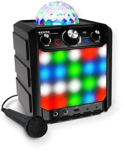 ION Audio IPA78BK Party Rocker Express Bluetooth Speaker with Light Show and Microphone; Black; Spinning light dome fills the room with 3 colors: Red, Green, and Blue; Grille is completely illuminated in dazzling LED lights with multiple light modes; UPC 812715019914 (IPA78BK IPA78 BK IPA78-BK IPA78BKION IPA78BK-PARTY IPA78BK-SPEAKER)