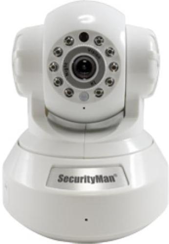 SecurityMan IPcam-SD DIY wireless/wired IP camera with H.264, SD recorder, night vision, PTZ, and 2-way audio; Image Sensor: 1/5 CMOS, BMP snapshot and JPG - Signal system: NTSC/PAL (default NTSC); Lens: 4mm; Min. Illumination: 0.1 Lux (IR OFF), 0 Lux (IR ON); Frame rate: 30fps NTSC (25fps PAL); Resolution: VGA (640x480), QVGA (320x240); Video adjustment: Brightness, contrast and saturation, UPC 701107902098 (IPcamSD IPcam-SD IPcamSD)