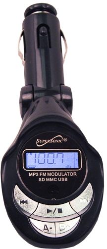 SuperSonic IQ-202FT IQ Sound Wireless FM Transmitter, Plays MP3 Audio Files Through USB Input or SD/MMC Slot, Digital Display, 206 FM Frequencies, Auxiliary Input For External Players, Supports 5 EQ Modes, Powered by Cigarette Lighter in The Car, Rotary Joint to Adjust the Device Position, Remote Control Included, Dimensions L 1.5 x W 1.25 x H 4.75, Weight .10 lbs., UPC 639131002029 (IQ202FT IQ 202FT)