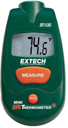 Extech IR100 Mini IR Thermometer, Temperature range from -31 to 446F (-35 to 230C), Economical mini size design for convenience, Automatic Data Hold when measure button is released, Max/Min Hold, Auto power off, Lock feature for continuous scanning, Fixed emissivity covers 90% of surface applications, Complete with CR2032 3V battery, UPC 793950421000 (IR-100 IR 100)