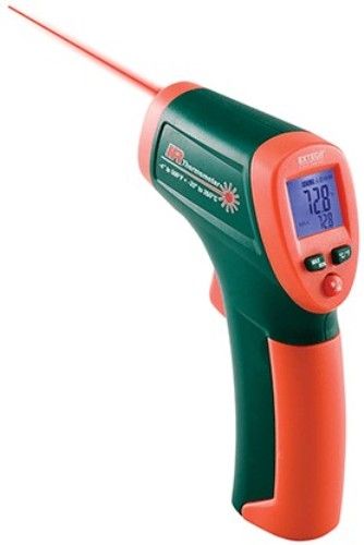 Extech IR250 Compact Non-contact Mini InfraRed Thermometer, Take Non-contact Temperature Measurements From -4 to 500F (-20 to 260C), 6:1 Distance to Spot (target) Ratio, Built-in Laser Pointer Identifies Target Area and Improves Aim, Fixed 0.95 Emissivity Covers 90% of Surface Applications, Automatic Data Hold when Trigger Released, UPC 793950422502 (IR-250 IR250)