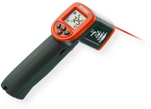  Extech IR267 Mini InfraRed Thermometer with Type K; Displays Ambient Air Temperature and non contact InfraRed or Type K thermocouple readings simultaneously; 12 to 1 distance to target ratio; Built in laser pointer identifies target area; Adjustable emissivity for better accuracy on variety of surfaces; UPC 793950422670 (IR267 IR-267 THERMOMETER-IR267 EXTECHIR267 EXTECH-IR267 EXTECH-IR-267)
