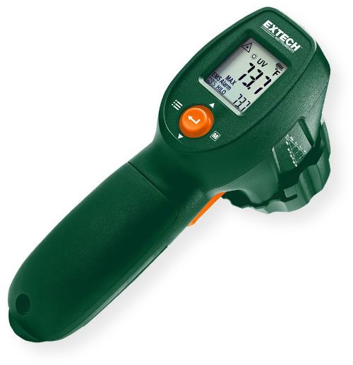 Extech IR300UV IR Thermometer with UV Leak Detector; Non contact IR Thermometer measures temperature up to 932 degrees Fahrenheit, 500 degrees Celsius; UV Leak Detector with 5 UV Blue LEDs  460 470 nm; Coaxial laser displays a circular representation of the target area; Programmable High Low Temperature set points with audible and visual alarm; UPC 793950423301 (IR300UV IR-300UV IR300-UV EXTECHIR300UV EXTECH-IR300UV EXTECH-IR-300-UV)