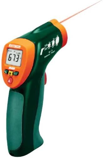 Extech IR400 Mini IR Thermometer, Backlighting illuminates display for taking measurements at night or in areas with low background light levels, Temperature range -4 to 630F (-20 to 332C), 8:1 Field of view (distance to target ratio), Built-in laser pointer that identifies target area and improves aim, Automatic Data Hold when trigger released, UPC 793950424001 (IR-400 IR 400)