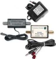 Channel Vision IR-4500 IR Repeater Over Coax Starter Kit; Included IR-4000 IR engine, at a remote location, which then sends the IR control commands to the IR-3002 dual IR emitter, which connects to remote equipment to be controlled. Power supply, IR target mount, and 12" male-to-male coaxial cable with F-connectors; UPC 690240020779 (IR4500 IR 4500) 