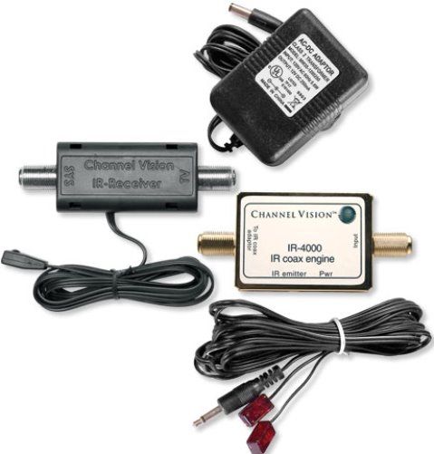 Channel Vision IR-4500 IR Repeater Over Coax Starter Kit; Included IR-4000 IR engine, at a remote location, which then sends the IR control commands to the IR-3002 dual IR emitter, which connects to remote equipment to be controlled. Power supply, IR target mount, and 12