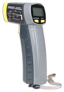 Generic IR-THERMOMTR Non-Contact Handheld Infrared Thermometer; -4 to 608F / -20 to 320C temperature range; Accuracy 2C (3F) or 2% reading; Response time 500mSec, 95%; Spectral response 7-18 um; Distance to spot size 6:1; Backlit LCD display; Pistol grip handle; Laser pointer on/off switch; Operates on One 9V battery (IRTHERMOMTR)