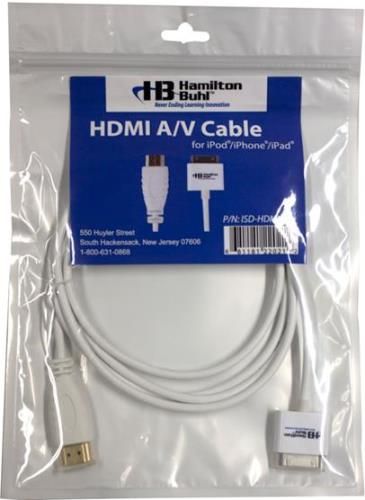 HamiltonBuhl ISD-HDMI Apple 30-Pin Male to HDMI Male Connection, White, Supports Video and Audio to any HDMI device, Allows for mirroring capabilities for your Apple device, ABS Material, 5.5 Cable length, Supports HD video up to 1080p, IPAD2 and the new iPad the mirror output can be 1080P; UPC 681181220212 (HAMILTONBUHLISDHDMI ISDHDMI ISD HDMI)