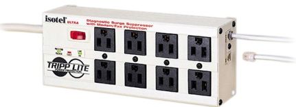 Tripp Lite ISOTEL8 Ultra Surge suppressor, AC 120 V Input Voltage, 50/60 Hz Frequency Required, 1 x power NEMA 5-15 Input Connectors, AC 120 V Output Voltage, 8 x power NEMA 5-15 Output Connectors, Standard Surge Suppression, 1 ns Surge Response Time, 2850 Joules Surge Energy Rating, 140 V Clamping Level, Circuit breaker Protection (ISOTEL-8 ISOTEL 8)