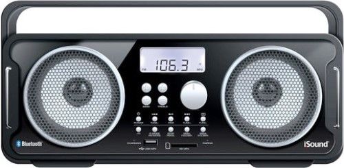 iSound 6262 Model BT-4000 Rechargeable Bluetooth Boombox, Black, Wirelessly streams music via bluetooth, FM radio with 20 presets, Built-in rechargeable battery, USB charging port, LCD, Active independent treble & bass controls, Smartphone/tablet display tray, AUX input for non-bluetooth devices, UPC 845620062621 (ISOUND6262 ISOUND-6262 BT4000 BT 4000)