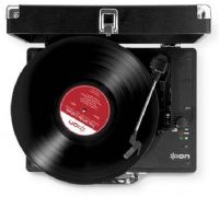 ION Audio IT45 Vinyl Motion Suitcase Turntable; Black; 3-speed (33 1/3, 45 and 78 RPM) portable suitcase-style turntable; Built-in stereo speakers for great sound, no external speakers required; UPC 812715017347 (IT45 IT 45 IT-45 IT45VINYL IT45-3SPEED IT45-TURNTABLE) 
