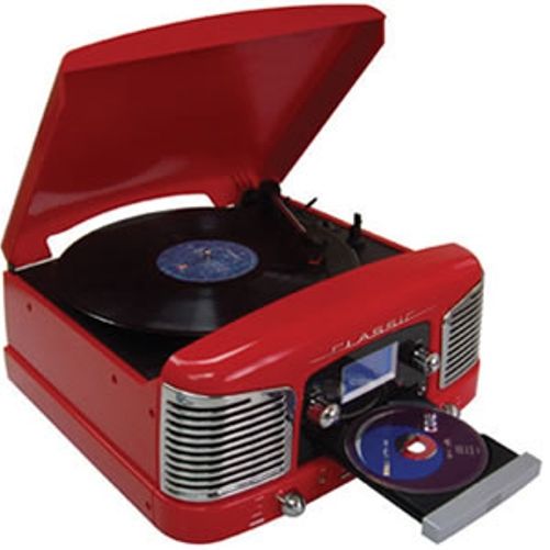 Grace Digital Audio ITC-50MP3R Victoria Classic Retro Turntable with CD Player and AM/FM Stereo, Red, Records directly from the built-in turntable or CD player to a USB thumb drive or SD card, Two full-range speakers deliver stereo sound, Digital LCD display with blue backlight, Headphone jack, Function selector, Bass boast function (ITC50MP3R ITC 50MP3R)