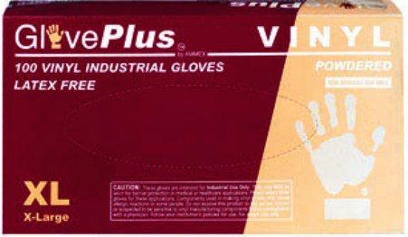 GlovePlus IV48100 Extra Large Lightly Powdered Industrial Grade Vinyl Gloves, Clear, 5 Mil Thick, Beaded Cuff, Smooth, Latex Free, Superb Tensile Strength, Cuff Thickness 3 +/- 1 mil, Palm Thickness 3 +/- 1 mil, Finger Thickness 3 +/- 1 mil, 115 +/- 5 mm Width, 240 +/- 5 mm Length, 100 gloves per box, Box Dimensions 240 x 125 x 55 mm, UPC 697383401649 (IV-48100 IV 48100)