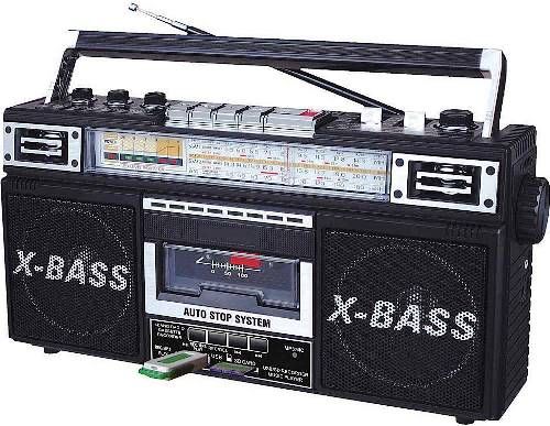 QFX J-22U-BK Portable ReRun X Radio/Cassette Boomboox, AM/FM/SW1-SW2 4 Band Radio, Radio and Cassette to MP3 Converter, Cassette Recorder with USB/SD/MP3 Player, Built-In Speaker, 3 Band EQ, Stereo Earphone Jack 3.5mm, AC Power Supply 120-220V 50-60Hz, DC Power Supply: 4x D Batteries (Not Included), Dimensions 14.50