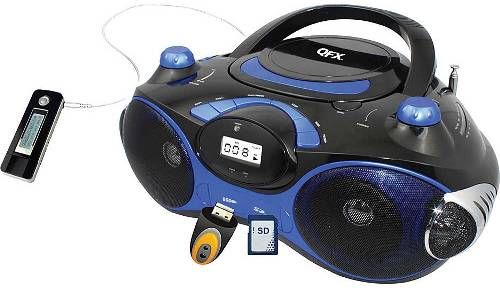 QFX J-30U-BL Portable CD/MP3 Player with USB/SD, Black/Blue, Top Loading CD/MP3 Player, USB/SD/MMC Audio Slot, AM/FM Stereo Radio, LCD Display With Backlight, Remote Control, AUX-IN, USB adapter cable included, 3.5mm to 3.5 mm cable included, AC Power Supply 120/240V 60/50Hz, DC Power Supply 8x C Batteries, UPC 606540027837 (J30UBL J-30UBL J30U-BL J-30U J30U)