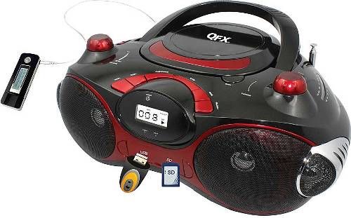 QFX J-30U-RD Portable CD/MP3 Player with USB/SD, Black/Red, Top Loading CD/MP3 Player, USB/SD/MMC Audio Slot, AM/FM Stereo Radio, LCD Display With Backlight, Remote Control, AUX-IN, USB adapter cable included, 3.5mm to 3.5 mm cable included, AC Power Supply 120/240V 60/50Hz, DC Power Supply 8x C Batteries, UPC 606540027820 (J30URD J-30URD J30U-RD J-30U J30U)