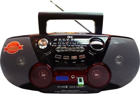 QFX J-70-RED Portable AM/FM/SW 1-2 World Receiver, Red, USB/SD Card Slot, MP3 Player, Antenna, High Sensitivity Receiver, Stereo Earphone Jack 3.5mm, AC 120-240V 50-60Hz, DC Power Supply 4 x D Batteries, Batteries Not Included, Gift Box Size 13