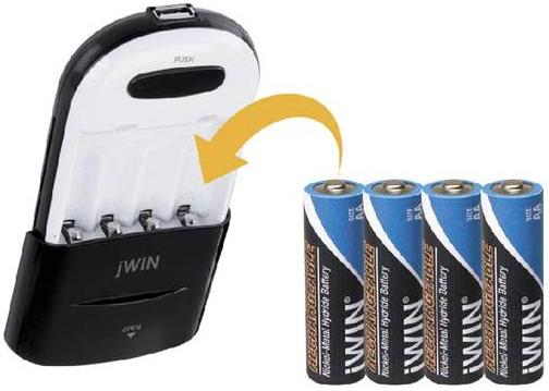 jWIN JB-C350 AC/DC Two Way Rapid USB Charger, Compact size and light weight for portability and easy storage, Charge up to 4 Ni-MH or Ni-CD rechargeable AA or AAA batteries (Batteries are not included), Charge or power any devices with USB port from USB adapter (JBC350 JB C350 JBC-350 JBC 350)
