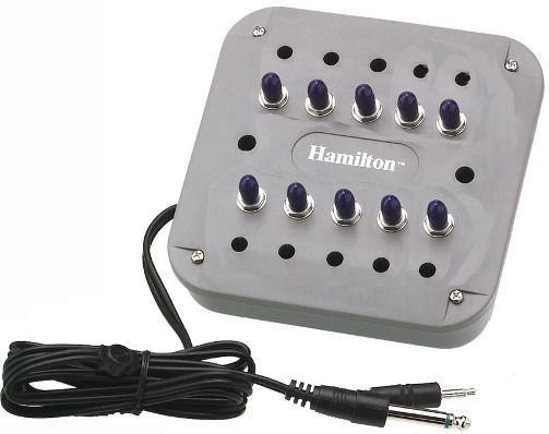 HamiltonBuhl JBP-10SV Jackbox, 10 Postion, Stereo, Individual Volume Controls, Ten 1/4 headphone jacks and individual volume controls, Equipped with Y cord with 1/4 plug and 1/8 plug for easy connection to most audio sources, When used with Hamilton auto stereo/mono headsets, this jackbox is compatible with both stereo and mono audio sources (HAMILTONBUHLJBP10SV JBP10SV JBP 10SV)