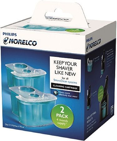 Norelco JC302/52 Replacement Cleaning Cartridge (2-Pack); For all SmartClean systems; Effectively cleans your shaver after using foam and gel; 4 months of convenient cleaning; Reduces friction and wear on blades; Cleans up to 10 times better than water; Dual Filter system cleans hair, foam and gel; Skin-friendly formula for a fresh and hygienic shave; UPC 075020041388 (JC30252 JC302-52 JC-302/52 JC302)