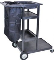 Luxor JCB40-B Janitor Cart With Nylon Trash Bag and 4 Shelves, Black; Made from heavy-duty polyethylene construction; Structural foam molded cart will not chip, crack or rust; Nylon trash bag that is easy to clean and will not absorb odors; 8" big wheels and locking casters; Clearance between shelves is 8", 17" and 11 1/2"; Dimensions 32"W x 24"D x 50"H; Assembly required; Made in USA; UPC 812552012246 (JCB40B JCB40 JCB-40-B JCB 40-B) 