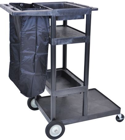 Luxor JCB40-B Janitor Cart With Nylon Trash Bag and 4 Shelves, Black; Made from heavy-duty polyethylene construction; Structural foam molded cart will not chip, crack or rust; Nylon trash bag that is easy to clean and will not absorb odors; 8