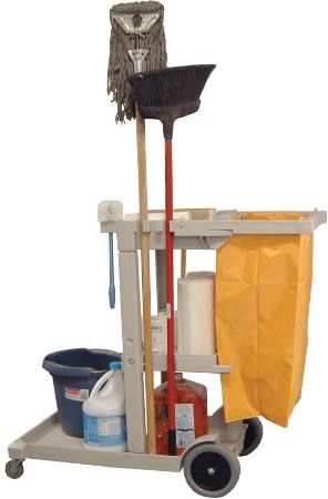 Luxor JCB8 Cleaning Service Cart With Nylon Trash Bag, Gray; Made from heavy-duty polyethylene construction; Structural foam molded cart will not chip, crack or rust; Nylon trash bag that is easy to clean and will not absorb odors; 8