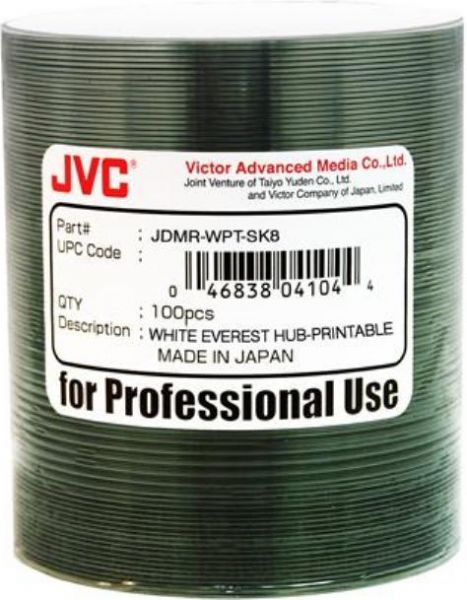JVC JDMR-WPT-SK8 Taiyo Yuden DVD-R Media, 120mm Form Factor, Single Layer Layer, 8X Maximum Write Speed, DVD-R Media Formats, Thermal Print Technology, Hub Printable Printable, 100 Pack Quantity, 4.7GB Storage Capacity, White Thermal Surface, DVD-R Media, UPC 046838040870 (JDMRWPTSK8 JDMR-WPT-SK8 JDMR WPT SK8)