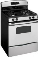GE General Electric JGBS18SERSS Gas Range with 4 Sealed Burners, 30" Size, 4.8 cu. ft. Upper Oven Capacity, Standard-Clean Oven Cleaning, Sealed Cooktop Burners, 4 at 9,500 BTU/850 BTU Cooktop Burners - All-Purpose Burners, 140 degree of turn Valves, QuickSet III Electronic Oven Controls, One-Piece Upswept Porcelain-Enameled Cooktop, Standard Porcelain-Steel Removable Square Grates, Stainless Steel Finish (JGBS18SERSS JGBS18SER-SS JGBS18SER SS JGBS18SER JGBS-18SER JGBS 18SER) 
