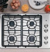 GE JGP329SETSS 30" Built-In Gas Cooktop, 4 Sealed Stainless Steel Cooktop Burneres, Electronic Ignition System, 11,000 BTU all-purpose burner, Manual Control - Lo (1-9) Hi, Control Location: Right Side, Matte black medium-cast grates, Natural Gas (factory set) Fuel Type, Valves with 270 Degrees of Turn, 120V/60Hz/5A, Net Weight: 41 lbs, LP Conversion Kit and Stainless Steel Cleaner included (JGP329-SETSS JGP-329SETSS JGP329SETSS) 