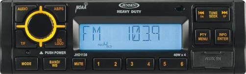 Jensen JHD1130B AM/FM/RBDS/WB Heavy Duty Radio, 40W x 4 Max Output Power, 12V DC Power System, Electronic AM/FM Tuner (US/Euro Selectable), RBDS with PTY Search, NOAA 7-channel Weather Band, AUX in Front (3.5mm Stereo Jack), 10 Character Segmented Display with White LED Backlighting, Amber Backlighted Control Panel Buttons (JH-D1130B JHD-1130B JHD 1130B JHD1130)