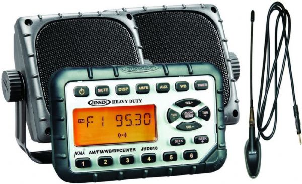 Jensen JHD910PKG AM|FM|WB Heavy Duty Weatherproof MINI Radio Package, Includes JHD910 Waterproof Mini AM/FM/WB/Stereo, Pair of 3.5