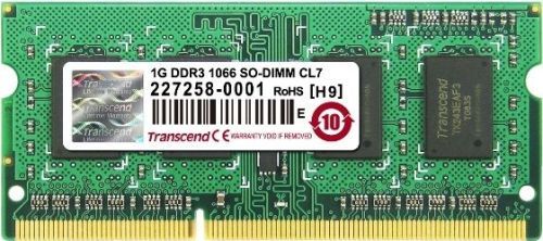 Transcend JM1066KSU-1G JetRam 204PIN DDR3 1066 SO-DIMM 1GB Memory Module With 128Mx8 CL7, JEDEC standard 1.5V +/- 0.075V Power supply, VDDQ=1.5V +/- 0.075V, Clock Freq 533MHZ for 1066Mb/s/Pin, Programmable CAS Latency (6, 7, 8) Programmable Additive Latency (Posted /CAS) 0, CL-2 or CL-1 clock, UPC 760557813996 (JM1066KSU1G JM1066KSU 1G)