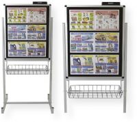 Justick JM-701 Stand-alone board with frame & basket, single; An innovative display solution for retailers to convey their information to a target audience without the complex methods associated with changing and securing display materials; No more frames to be clipped open, posters moving around or bulging; Available as a single or double sided unit, mounted on a durable commercial stand with basket; UPC 6009832630205 (JM701 JM-701) 