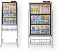 Justick JM-702 Stand-alone board with frame & basket, double sided; An innovative display solution for retailers to convey their information to a target audience without the complex methods associated with changing and securing display materials; No more frames to be clipped open, posters moving around or bulging; Available as a single or double sided unit, mounted on a durable commercial stand with basket; UPC 6009832630205 (JM702 JM-701) 