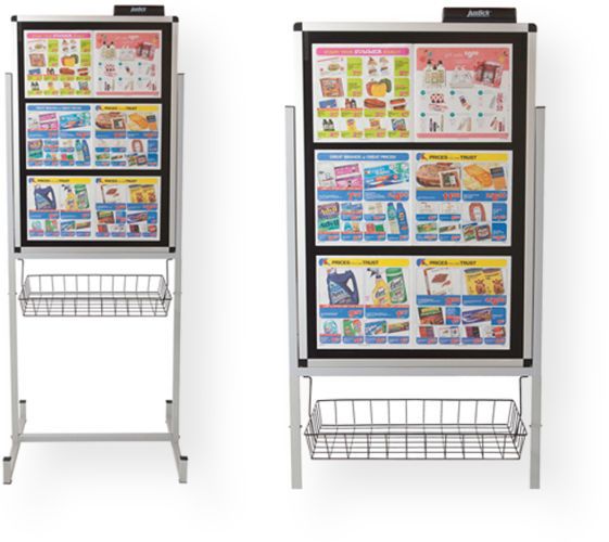 Justick JM-702 Stand-alone board with frame & basket, double sided; An innovative display solution for retailers to convey their information to a target audience without the complex methods associated with changing and securing display materials; No more frames to be clipped open, posters moving around or bulging; Available as a single or double sided unit, mounted on a durable commercial stand with basket; UPC 6009832630205 (JM702 JM-701)