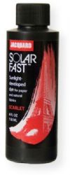Jacquard JSD1-103 SolarFast Scarlet Dye; Use to create photograms, continuous tone photographs, shadow prints, and ombres on fabric and paper; Also great for painting, tie dyeing, screen printing, stamping, batik, and more; After applying the dye and while it is still wet, expose the design to sunlight and watch the color appear; UPC 743772028666 (JSD1-103 JSD1103 DYE-JSD1-103 SOLAR-FAST-JSD1-103 JACQUARDJSD1-103 JACQUARD-JSD1-103) 