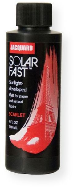 Jacquard JSD1-103 SolarFast Scarlet Dye; Use to create photograms, continuous tone photographs, shadow prints, and ombres on fabric and paper; Also great for painting, tie dyeing, screen printing, stamping, batik, and more; After applying the dye and while it is still wet, expose the design to sunlight and watch the color appear; UPC 743772028666 (JSD1-103 JSD1103 DYE-JSD1-103 SOLAR-FAST-JSD1-103 JACQUARDJSD1-103 JACQUARD-JSD1-103)